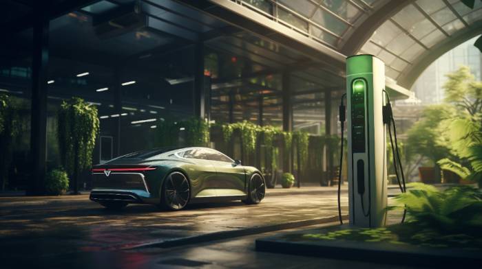 An electric car plugged into a charging station, with a clear view of the station and surrounding area.