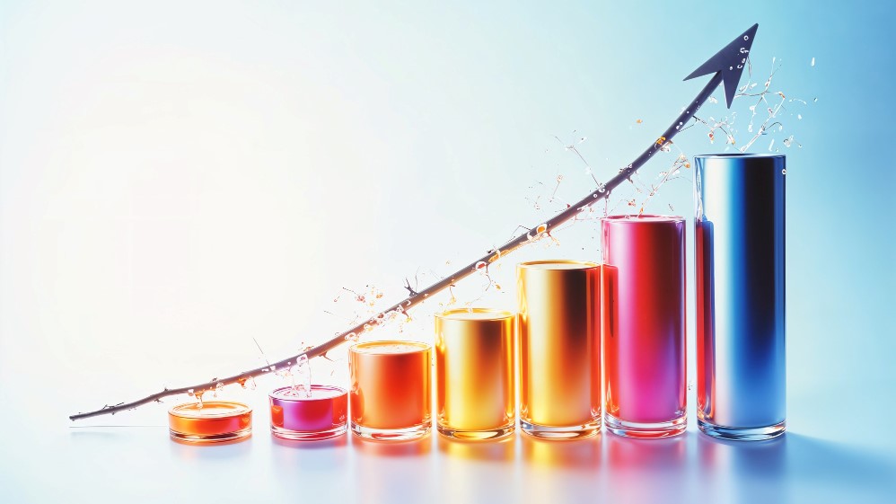 A colorful candlestick chart with an upward arrow indicating growth and trends in data analysis.
