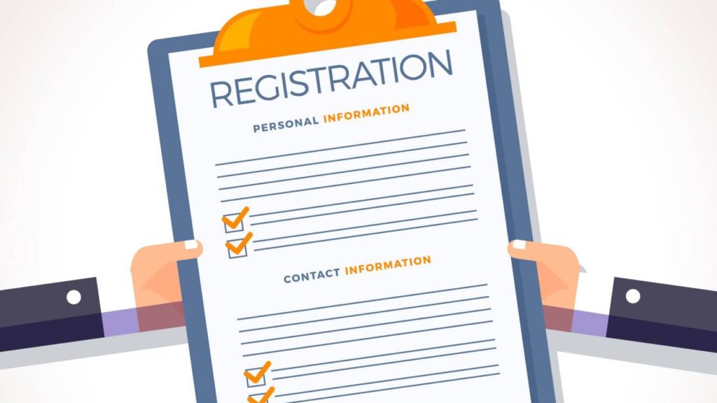 A vector image depicting a registration form with multiple checkboxes for user selections and information entry.