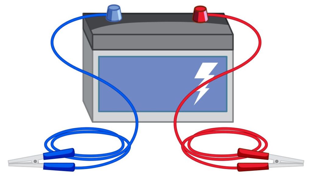 Illustration of a rechargeable electric scooter battery with red and blue jumper cables, representing a removable battery system.