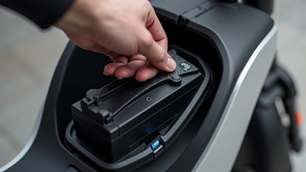 A person removing a removable electric scooter battery from its compartment.
