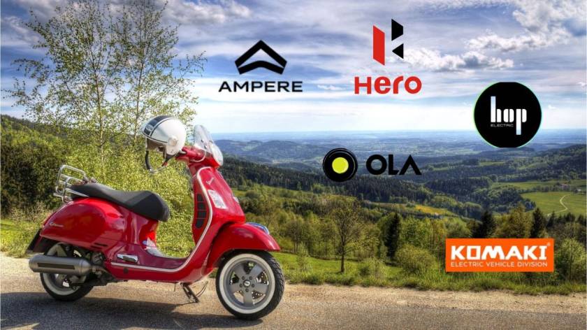 A red electric scooter parked in a scenic landscape with logos of popular electric scooter brands like Ampere, Hero, Ola, Hop Electric, and Komaki.